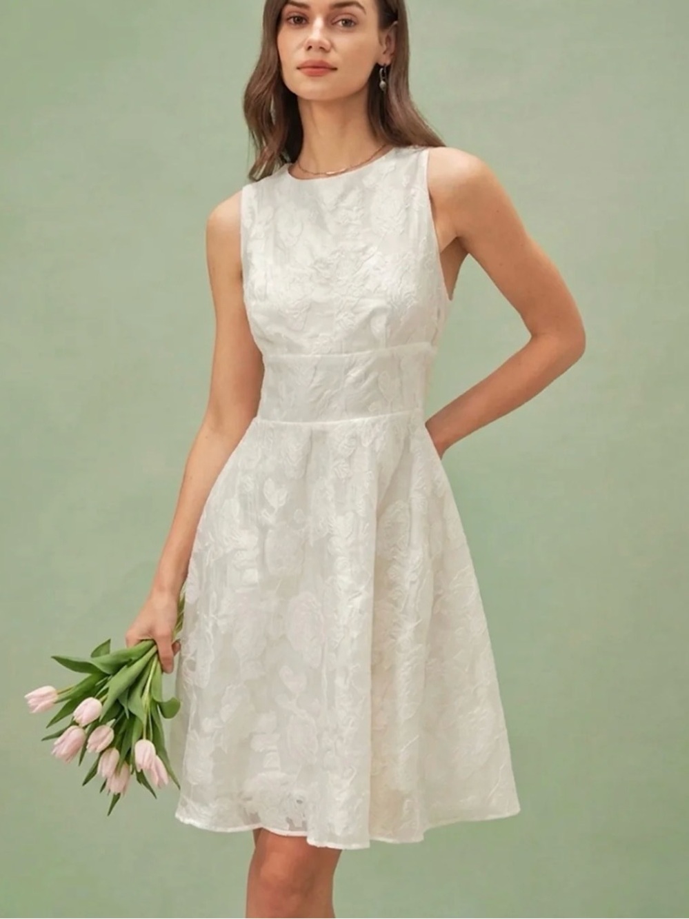 White Round Neck Jacquard Mini Dress